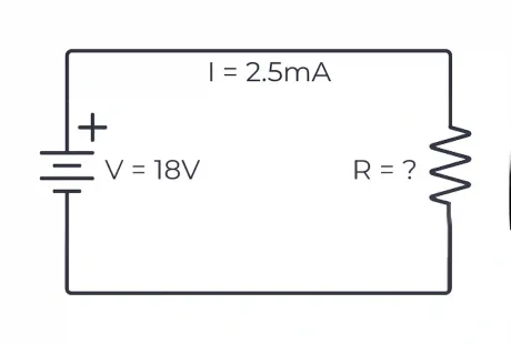 Ohm's law equation DC circuit diagram with 18V source, load resistor R, and circuit current