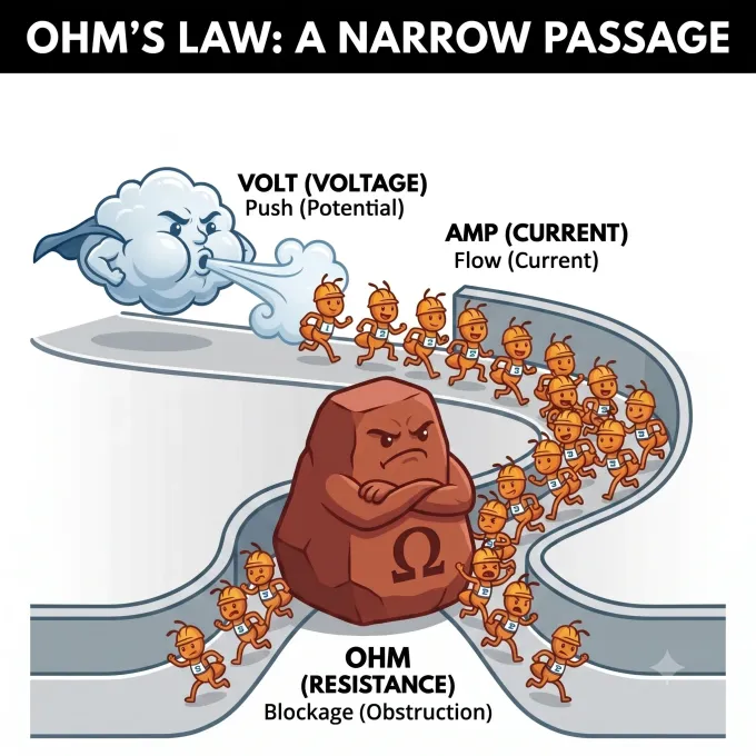 Ohm's law equation visual analogy showing Volt potential pushing current through a narrow passage constricted by Ohm resistance